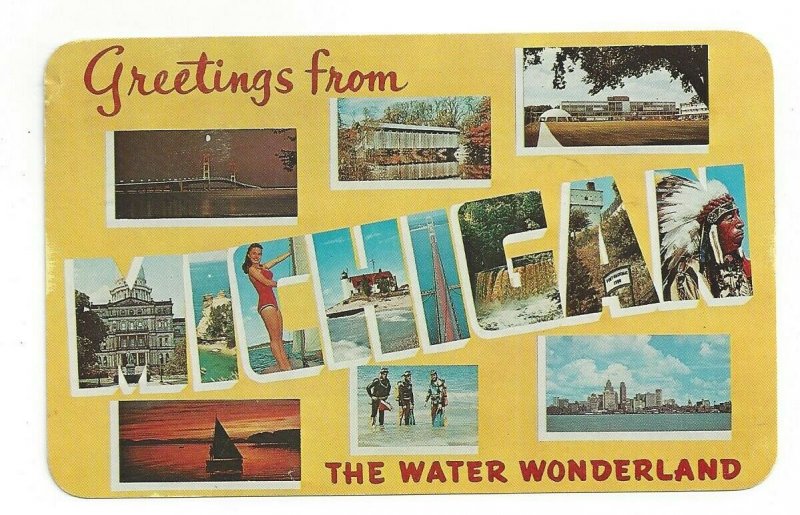 Postcard MI Greetings from MICHIGAN The Water Wonderland LARGE Letter Postcard 