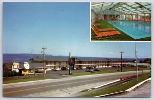 K Royale Motor Inn St. Ignace Michigan MI Waterfront View Swimming Pool Postcard