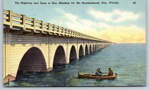 Florida~Highway That Goes to Sea & Rowboat~Vintage Linen Postcard