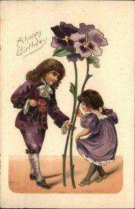 Purple Birthday Fantasy Little Girl Curtsies to Boy Victorian c1910 Postcard