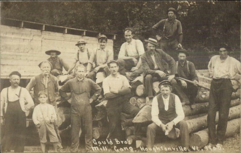 Houghtonville VT Gould Bros Mill Gang Lumber Workers c1910 Real Photo Postcard