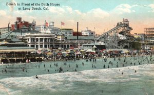 Vintage Postcard Beach In Front Of The Bath House At Long Beach California WPN