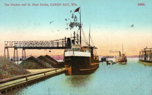 Vintage Postcard 1917 View of The Harbor and St. Paul Docks Green Bay Wisconsin