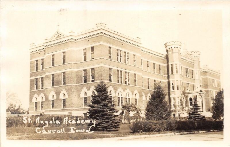 Carroll Iowa~St Angela Academy~Unique Entrance~Pines in Front~Vintage RPPC