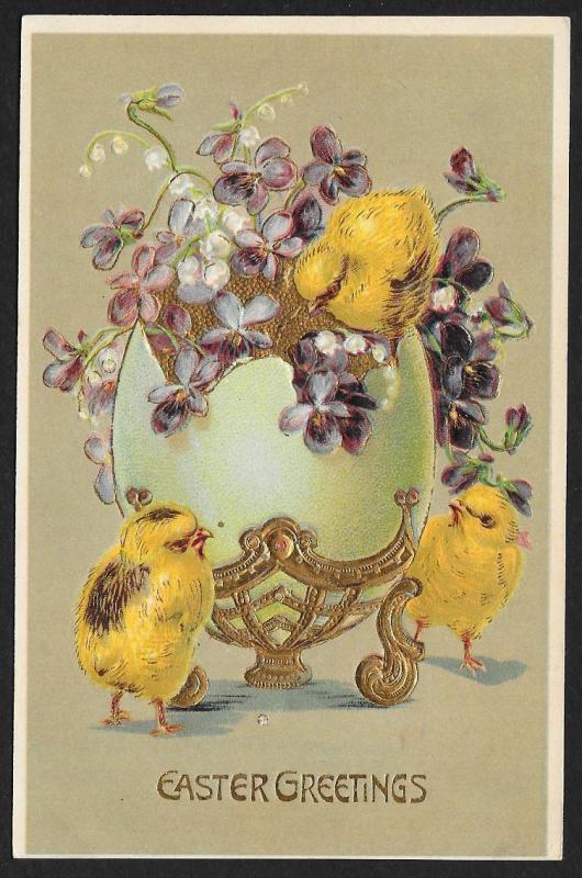 Easter Greetings Chicks Violets & Large Ornate Egg Used c1910s