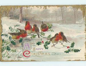 Pre-Linen christmas LARGE GROUP OF SEVEN BIRDS SITTING ON HOLLY BRANCHES HL0404