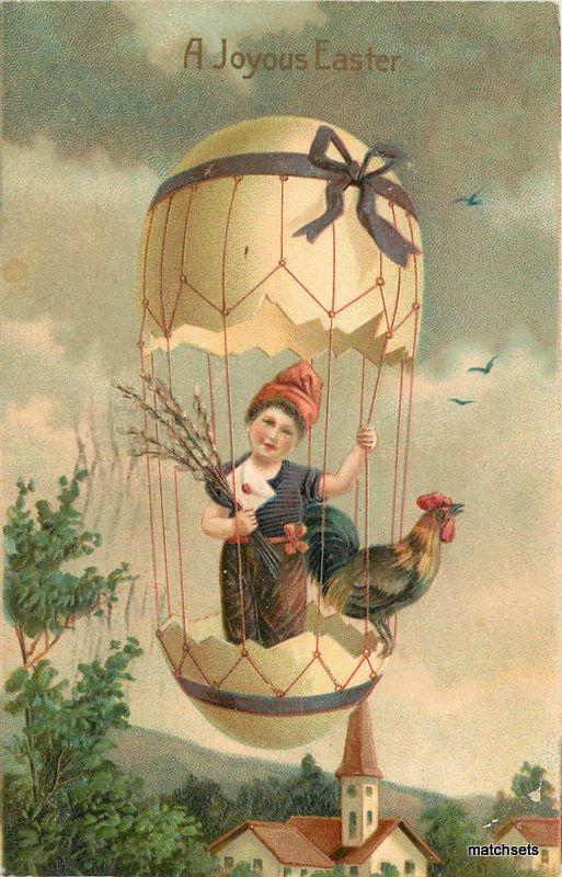 1909 Early Balloon Aviation Rooster Joyous Easter postcard 12488