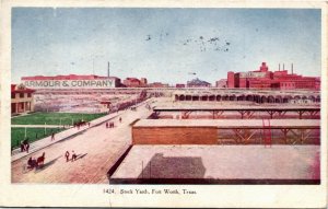 Postcard TX Fort Worth Stock Yards Armour & Company in the Background 1912 S59