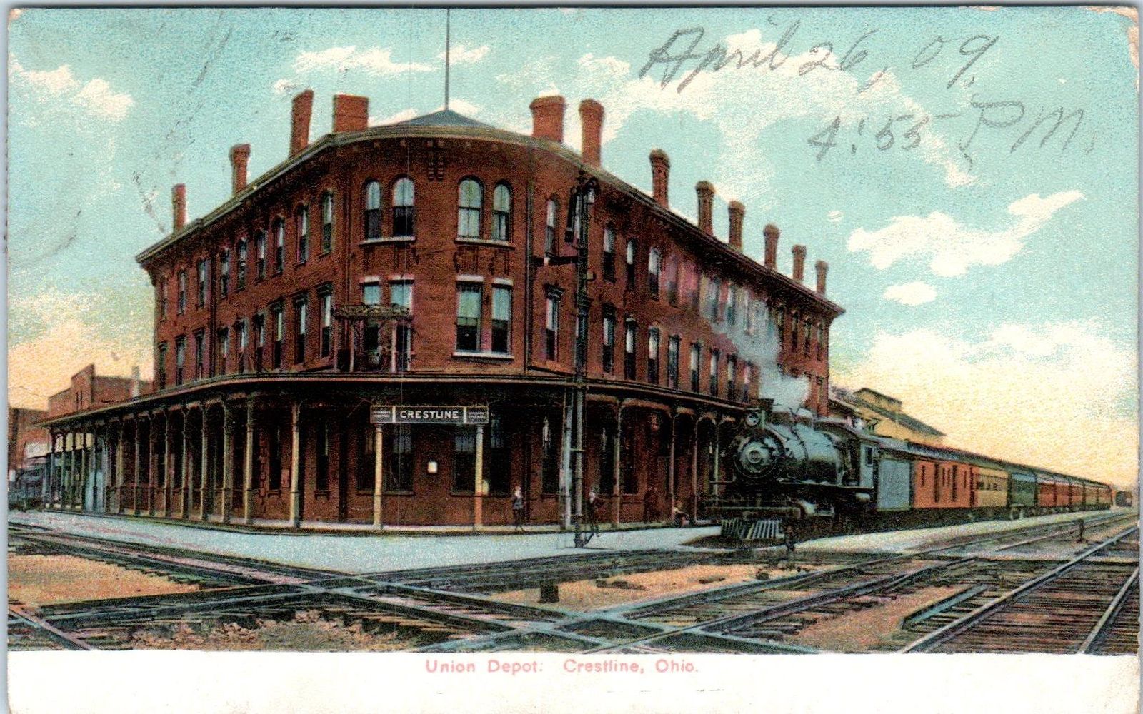 CRESTLINE, OH Ohio UNION RAILROAD DEPOT Crisscrossing Tracks! 1909
