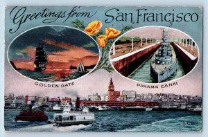 San Francisco California Postcard Golden Gate Panama Canal Multiview Ship c1915