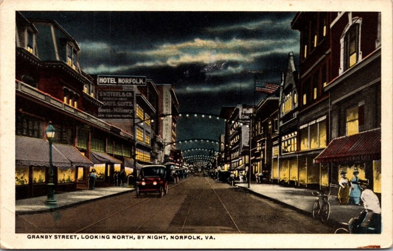 Postcard Granby Street Looking North at Night in Norfolk, Virginia