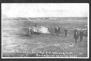 \BADGERS RED DEVIL BALDWIN BIPLANE CHICAGO ILLINOIS AVIATION MEET POSTCARD 1911