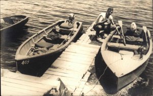 Man at Dock Speedboats Boats Old Motors c1940s Real Photo Postcard