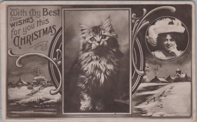 RPPC Postcard My Best Wishes for You this Christmas Furry Cat