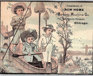 1870's New Home Sewing Machine 3 Kids In Old Boat Trade Card P136