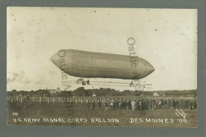 Des Moines IOWA RPPC 1909 AIRSHIP Zeppelin U.S. ARMY SIGNAL CORPS BALLOON Crowd