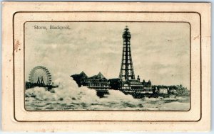 c1910s Blackpool, England Storm on Coast Ferris Wheel Tower Postcard Resort A79