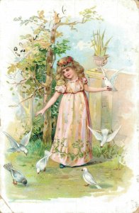 Victorian Girl Dancing With Pigeons Vintage Postcard 08.17