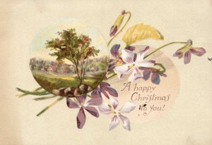 1880s-90s White & Purple Flowers A Happy Christmas to you! Trade Card 1889