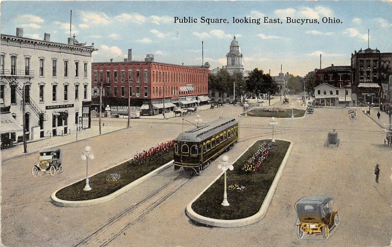 Public Square Streetcar Looking East Bucyrus Ohio 1914 RPO postcard United States Ohio