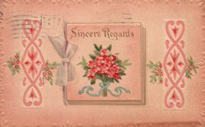 Sincere Regards Flower Bouquet Book Ribbon Remembrance Vintage Postcard 1911