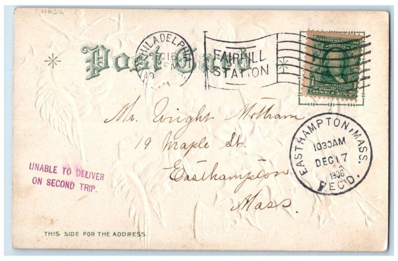 1906 Christmas Wishes Angels Head Holly Berries Ringing Bells Nash Postcard 