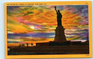 *Statue of Liberty Sunrise New York City NYC Old Vintage Linen Postcard B24