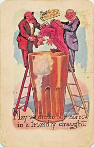 MAY WE DROWN OUR SORROW IN A FRIENDLY DRAUGHT-COMIC BEER 1907 EMBOSSED POSTCARD