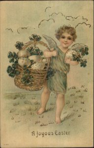 Easter - Cherub Child w/ Basket of Eggs Clovers GILT FINISH c1910 Postcard