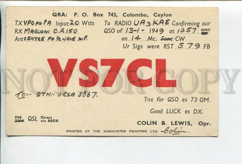 462873 1949 year USSR Ceylon Colombo radio QSL card