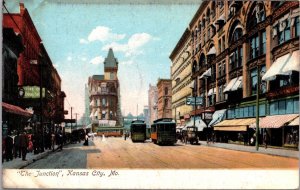 Postcard The Junction, Street Car Trolley Business Scene Kansas City, Missouri