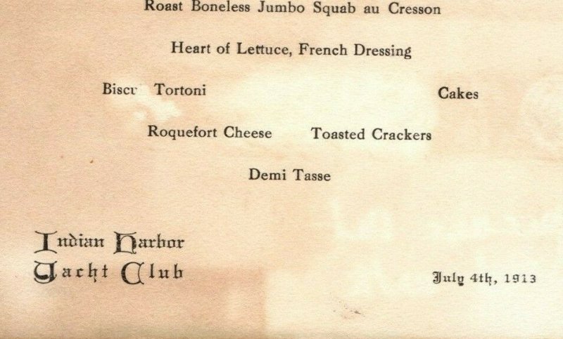 1913 Indian Harbor Yacht Club Dinner Menu Vintage Original 