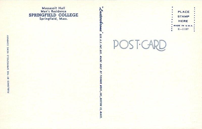 Springfield Massachusetts~College~Massasoit Hall~Men's Dormitory~1960s Postcard