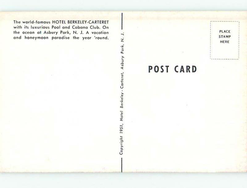 Unused 1950's BERKELEY - CARTERET HOTEL Asbury Park New Jersey NJ Q5508-13