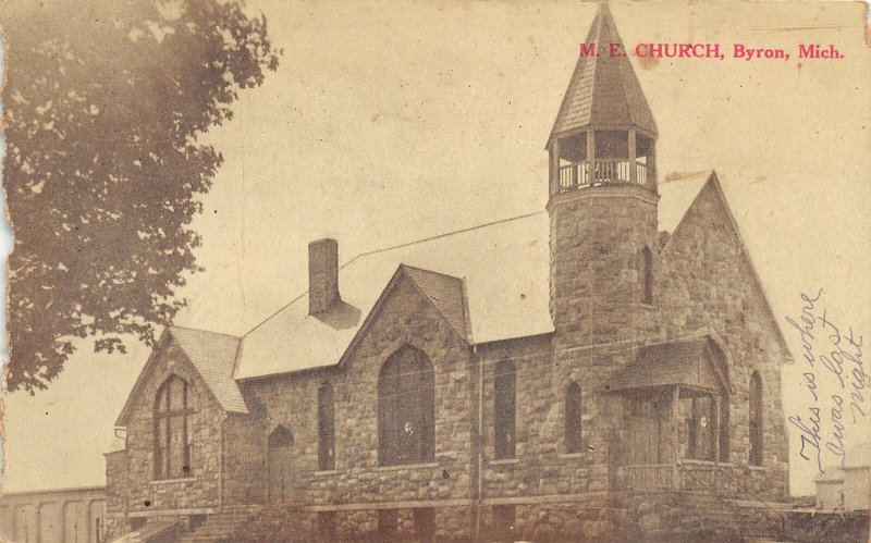 F70/ Byron Michigan Postcard c1910 M.E. Church Building