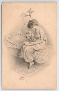 M. Munk Risque Woman Bed Boudior Flowers Nude Dropped Gown A/S RR  Postcard A36