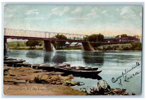 1907 River Front Bridge Paddle Canoe Boat Amsterdam New York NY Vintage Postcard