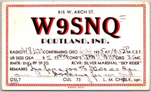 1935 QSL Radio Card Code W9SNQ Portland Indiana Amateur Station Posted Postcard