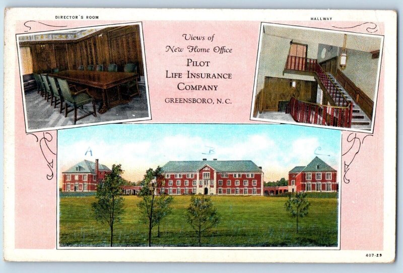 Greensboro North Carolina NC Postcard New Home Office Pilot Life Insurance 1937