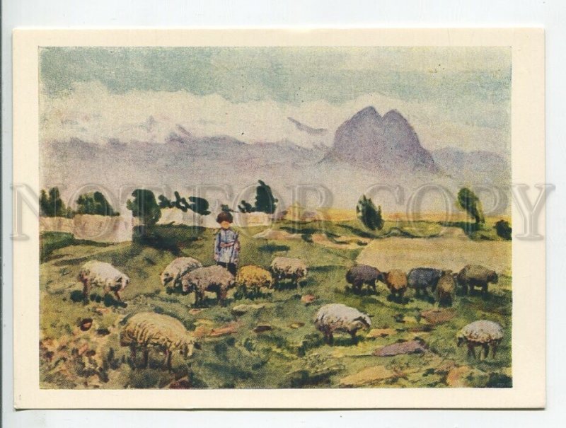 456702 USSR 1959 year painting Azerbaijan Behruz Kengerli shepherd with a flock