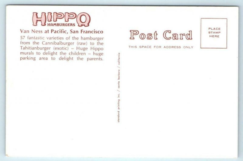 SAN FRANCISCO, CA ~ Advertising HIPPO HAMBURGERS Whimsical Wolo Art Postcard