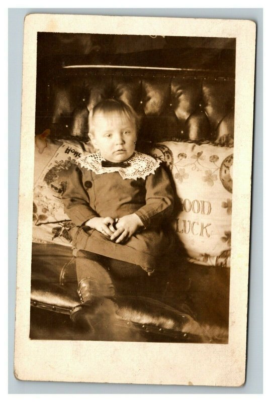 Vintage 1910's RPPC Cute Blonde Child in Dress on Living Room Couch