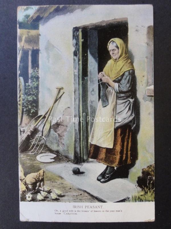 Ireland IRISH PEASANT Knitting 'A Good Wife is the Blessin' c1906 Old Postcard