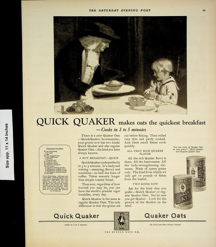 1924 Quaker Oats Quick Quaker Breakfast Child Vintage Print Ad 4216