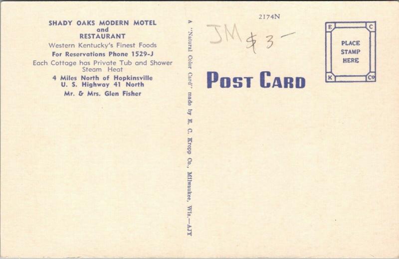 Hopkinsville Kentucky~Shady Oaks Modern Motel & Restaurant~Room~1940s Linen PC 