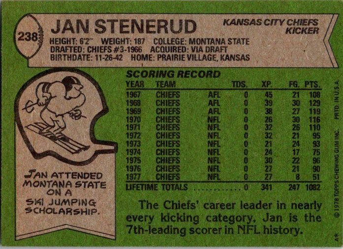 1978 Topps Football Card Jan Stenrude Kansas City Chiefs sk7169