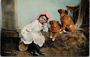 Tired Young Girl Child with Two Dogs c1907 Pakenham Ontario Cancel Postcard H61