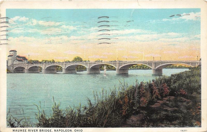 Napoleon Ohio~Maumee River Bridge~Sunset in Distance~1936 Shaff's Drug Store Pc