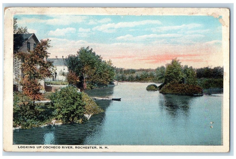 1923 Looking Up Cocheco River Lake Creek House Boats Grove Rochester NH Postcard 