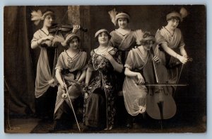 c1910's Women Musicians Singer Cello Violin RPPC Photo Antique Unposted Postcard